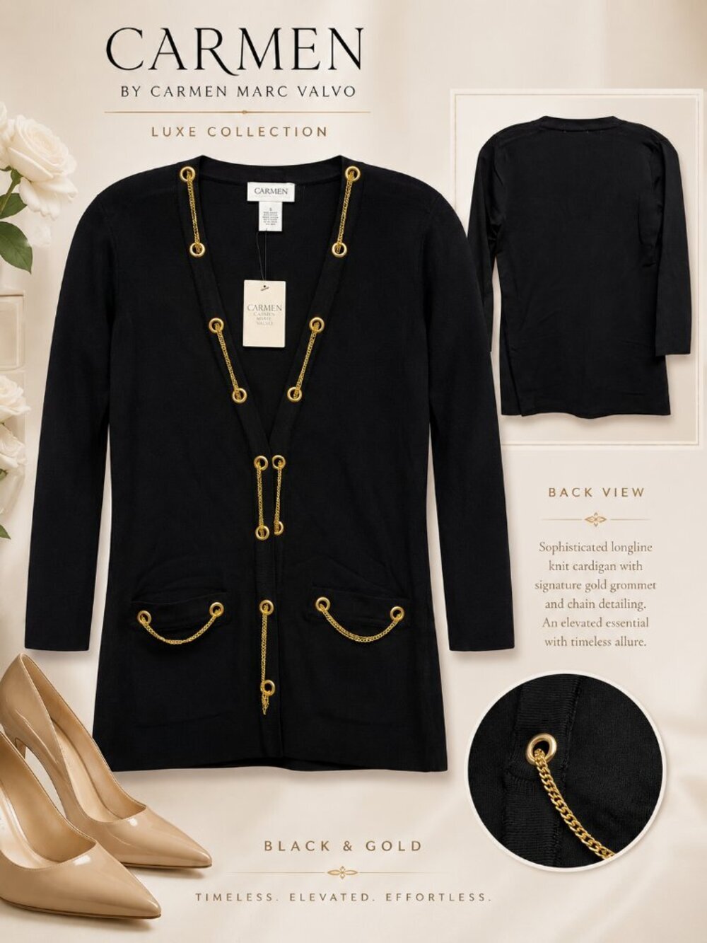 Carmen Marc Classic Black Chain Embellished Sweater Size S NWT
